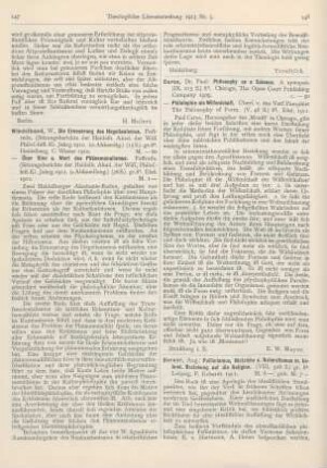 147-148 [Rezension] Windelband, Wilhelm, Über Sinn und Wert des Phänomenalismus. Festrede
