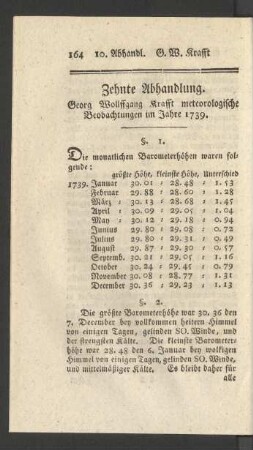 Zehnte Abhandlung. Georg Wollffgang Krafft meteorologische Beobachtungen im Jahre 1739.