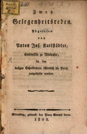 Zwey Gelegenheitsreden