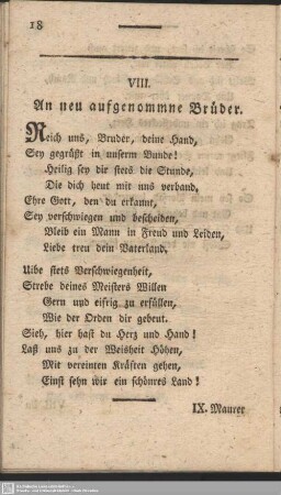VIII. An neu aufgenommene Brüder