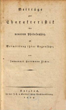 Beiträge zur Charakteristik der neueren Philosophie, zu Vermittlung ihrer Gegensätze