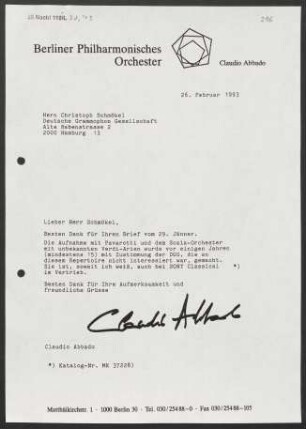 Brief an Christoph Schmökel an Deutsche Grammophon-Gesellschaft, 26.02.1993