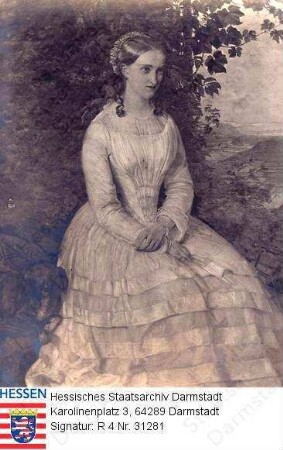 Carrière, Agnes geb. Freiin v. Liebig (1829-1862) / Porträt vor Landschaftskulisse, linksvorblickend, Ganzfigur