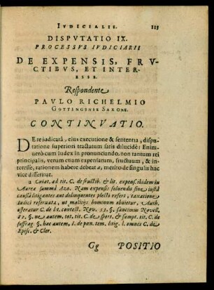 Disputatio IX. Processus Iudiciarii De Expensis, Fructibus, Et Interesse.