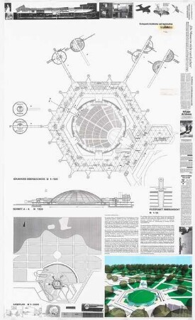 Mehrzweckhalle im neuen Luna-Park, Berlin-Tegel Schinkelwettbewerb 2000: Lageplan 1:5000, Grundriss OG, Schnitt 1:500, Fotos, Erläuterungen, Modellsimulation