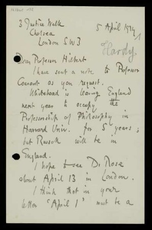 Brief von Godfrey H. Hardy an David Hilbert, London, 5.4.1924