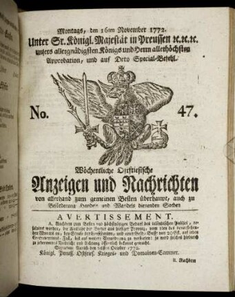 No. 47. Montags, den 16ten November 1772.