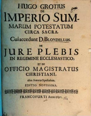 Hugo Grotius De Imperio Summarum Potestatum Circa Sacra