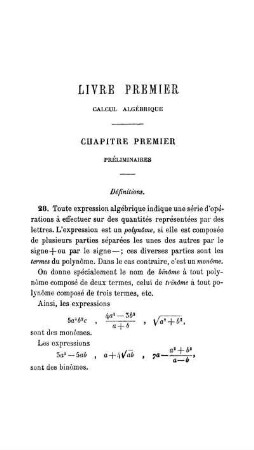 Livre Premier. Calcul Algébrique.