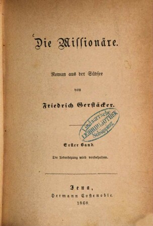 Die Missionäre : Roman aus der Südsee von Friedrich Gerstäcker. 1