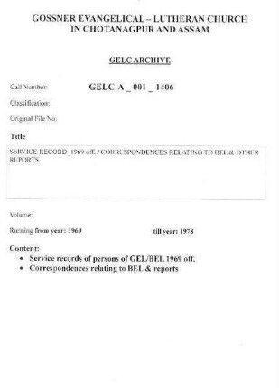SERVICE RECORD 1969 off, CORRESPONDENCES RELATING TO BEL & OTHER REPORTS