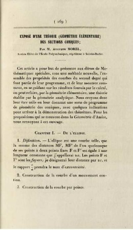 Exposé d'une théorie (gémétrie élémentaire des sections coniques.