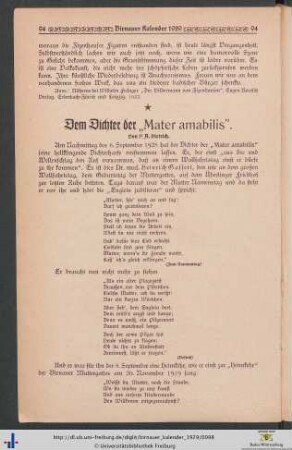 Dem Dichter der "Mater amabilis".