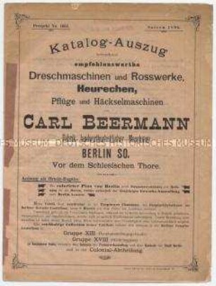 Katalog-Auszug betreffend empfehlenswerthe Dreschmaschinen und Rosswerke, Heurechen, Pflüge und Häckselmaschinen