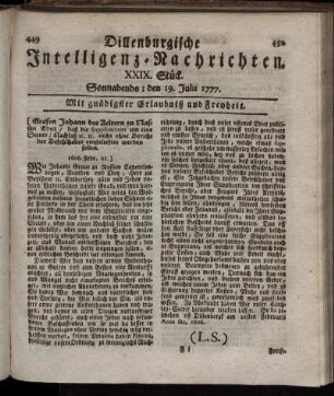 XXIX. Stück. Sonnabends: den 19. Julii 1777.