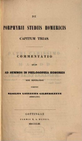 De Porphyrii studiis Homericis capitum trias : Commentatio (inaug.)