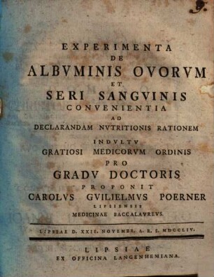 Experimenta De Albvminis Ovorvm Et Seri Sangvinis Convenientia Ad Declarandam Nvtritionis Rationem