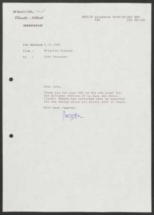 Brief an John Tavenner, 05.10.1994