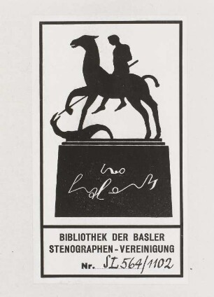 Exlibris mit der Darstellung des Heiligen Georg im Kampf mit dem Drachen und der Aufschrift "Bibliothek der Basler Stenographen-Vereinigung"