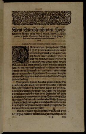 Dem Durchleuchtigen/ Hochgebornen Fürten unnd Herrn/ Herrn Ludovico/ Landtgraven zu Hessen [...]