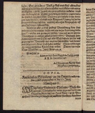 K1v-K2v, Copia, kayserlichen Schreibens an die Herrn Direktores, das Volck abzudancken, den 27. Juni