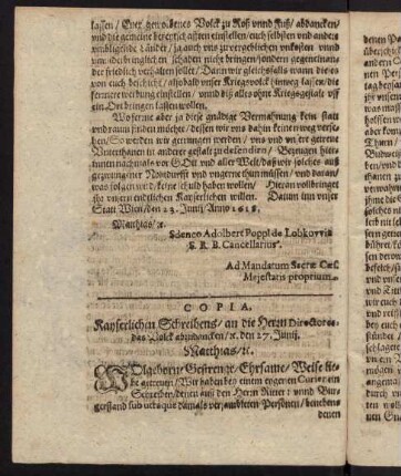 K1v-K2v, Copia, kayserlichen Schreibens an die Herrn Direktores, das Volck abzudancken, den 27. Juni