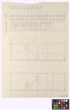 Ullersdorf am Queis (Landkreis Bunzlau): Gärtnerstelle Nummer 66 (erbaut 1754). Haupthaus (Seiten-Ansicht, Seitenwand-Höhenschnitt, Grundriss des Erdgeschosses, Grundriss des Obergeschosses)