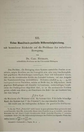 XII. Ueber Hamiltons partielle Differentialgleichung, mit besonderer Rücksicht auf die Probleme der relativen Bewegung.