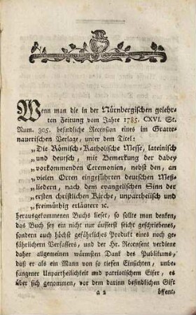 Nöthige Anmerkungen zu einer in der Nürnbergischen gelehrten Zeitung vom Jahre 1785, XCVI. Stück, Num. 305. befindlichen Recension der Römisch-Katholischen Messe lateinisch und deutsch etc.