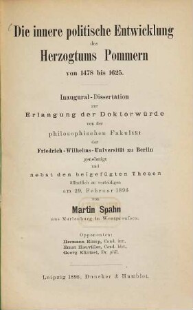 Die innere politische Entwicklung des Herzogtums Pommern von 1478 bis 1625