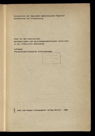 Lehrgang Physikalisch-chemische Untersuchungen