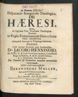 Disputatio Inauguralis Theologica, De Haeresi