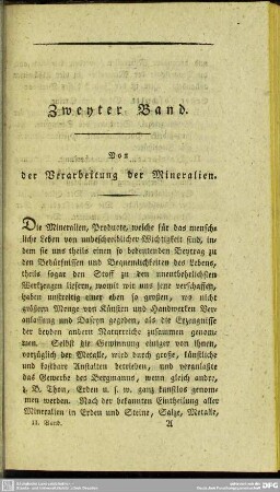 Zweyter Band. Von der Verarbeitung der Mineralien