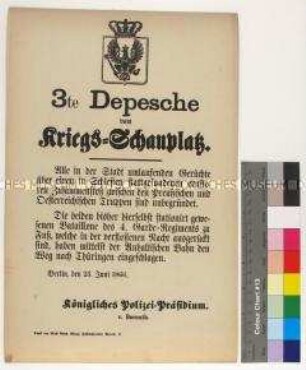 Kriegsdepesche des Königlichen Polizeipräsidiums Berlin über die Kriegsereignisse in Schlesien