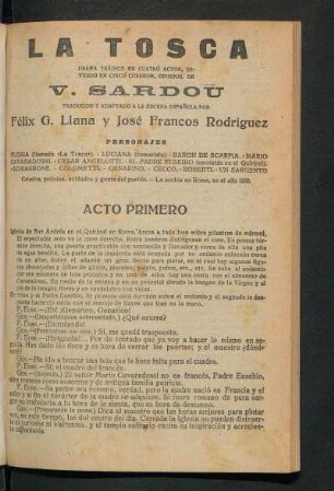 La tosca : drama trágico en cuatro actos, dividido en cinco cuadros