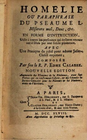 Homelie ou paraphrase du pseaume I. Misere mei Deus