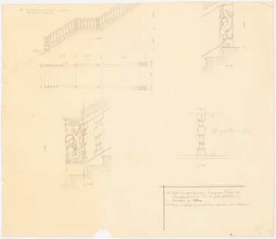 Treppe: Details 1:50: Treppe in Draufsicht und Seitenansicht; Details 1:10: Handlaufbaluster in Vorderansicht und Seitenansicht, Zierendstück und Zwischenbrett des Handlaufs in Seitenansicht