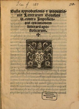 Bulla approb. et innovationis Litterarum Bonifacii IX. contra impedientes executionem Litterarum apostol. : (Rom. 1518)