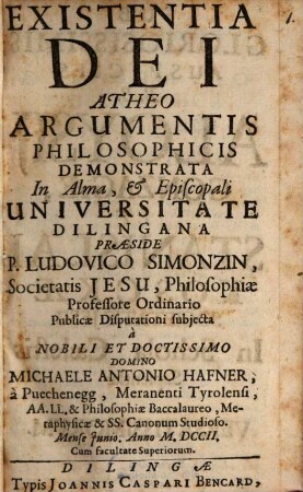 Existentia Dei Atheo Argumentis Philosophicis Demonstrata