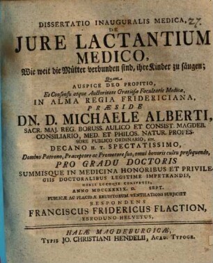 Dissertatio inauguralis medica, de jure lactantium medico, wie weit die Mütter verbunden sind, ihre Kinder zu säugen