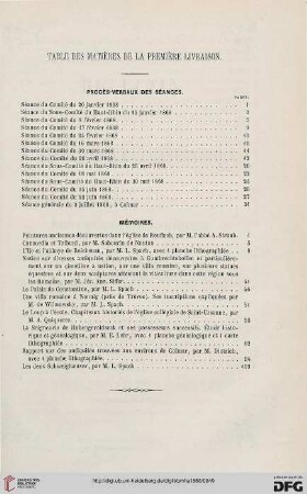 Table des matières de la première livraison