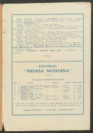 Catálogo de obras teatrales : Editorial "Prensa Moderna"