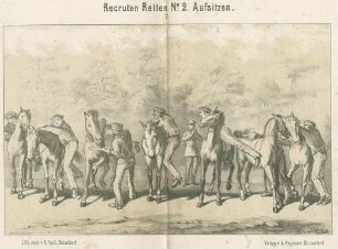 Sieben Rekruten mit Pferden und Offizier beim Üben des Aufsitzens