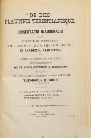 De diis Plautinis Terentianisque : (Königsberger Doctordiss.)