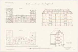 Kavalleriekaserne, Mülhausen: Familienwohnhaus I: Grundriss Dachgeschoss, Sparrenlage, Längsschnitt, Querschnitt 1:100