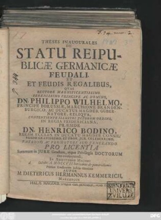 Theses Inaugurales De Statu Reipublicæ Germanicæ Feudali. Et Et Feudis Regalibus