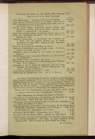 Fortsetzung des Inhaltes des ersten Heftes 1886 (Jahrgang XXX)