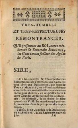 Remontrances de la cour des aydes de Paris