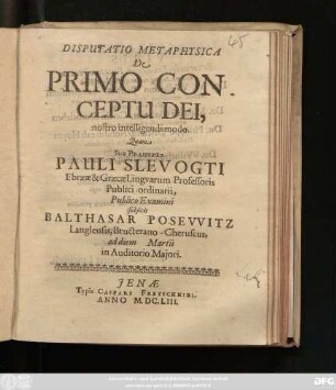 Disputatio Metaphysica De Primo Conceptu Dei, nostro intellegendi modo