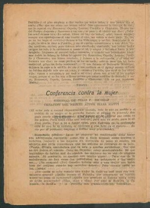 Conferencia contra la mujer : Original de Julio F. Escobar. - Creación del primer actor Elías Alippi